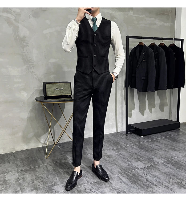 ( Blazer+Vest+Pants ) Groom Wedding Male Suit Luxury Brand Fashion Striped Men's Casual Business Office Double Breasted Suit