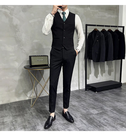 ( Blazer+Vest+Pants ) Groom Wedding Male Suit Luxury Brand Fashion Striped Men's Casual Business Office Double Breasted Suit