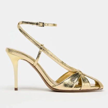 Fashion Gold Thin Heeled Sandals Women Sexy Ankle Strap Buckle Gladiator Sandal Luxury Banquet Brand Designer Shoe Zapatos Mujer