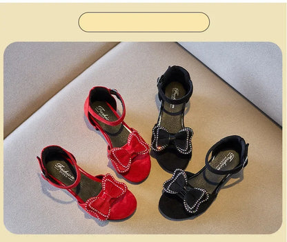 Girls Leather Shoes Anti Slip Summer Korean Style Children Fashionable Low Heels Hook & Loop Elegant Princess Mary Janes Wedding