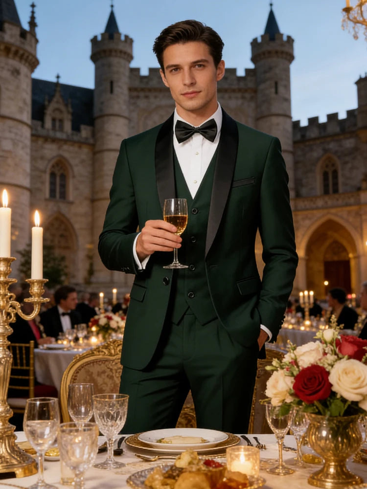 Conjunto Masculino Terno 3 Peças Smoking Um Botão Gola Xale de Cetim Slim Fit Blazer Colete Calças Para Formal Negócios Casamento Noivo