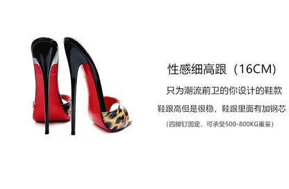 New 12cm fashionable high-heeled patent leather leopard print slippers with sexy open toed sandals, reversed size, 33-46
