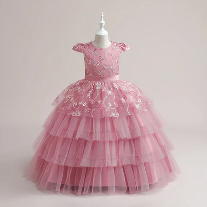 Vestidos de Festa para Meninas Daminhas de Flores de Verão Vestido Elegante de Tule para Casamento Princesa Formatura Vestido Infantil para Menina com Laço para Aniversário e Noite