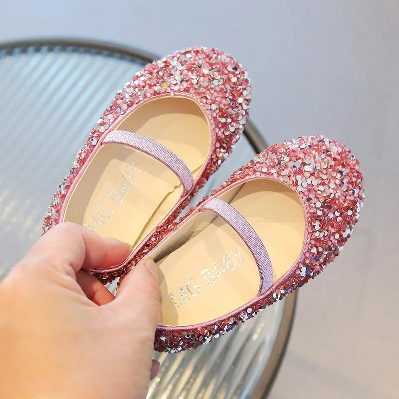 Children's 2025 new single shoe girls' fashion show sequined crystal shoes baby Baotou fashionable soft soled princess shoes