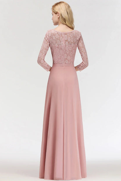 Vestido de Madrinha em Estoque Manga Longa Renda Floral Apliques Chiffon Saia Evasê Vestido de Festa de Casamento Bohêmio para Convidada