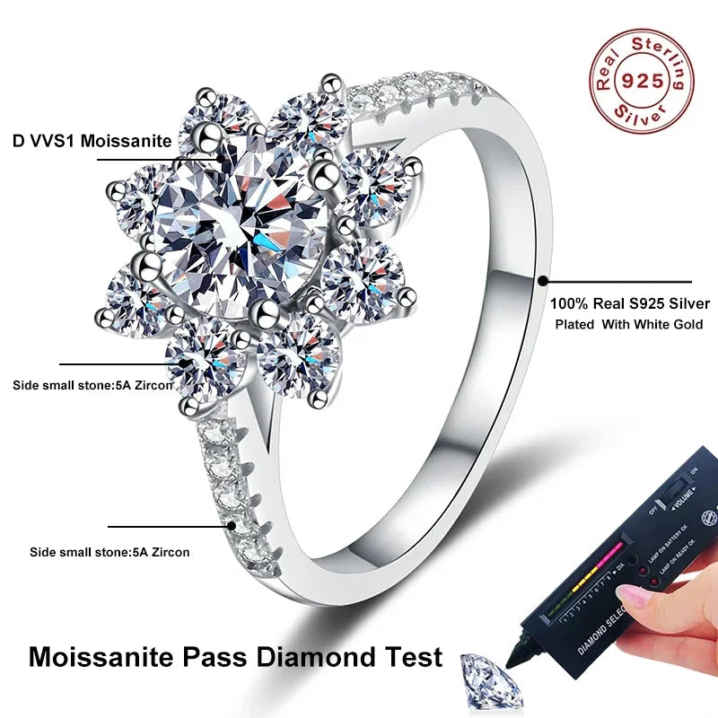 1ct 2ct Moissanite Eternity Ring 925 Sterling Silver with Gold Plated Wedding Flower Lab Diamond Rings For Women Jewelry
