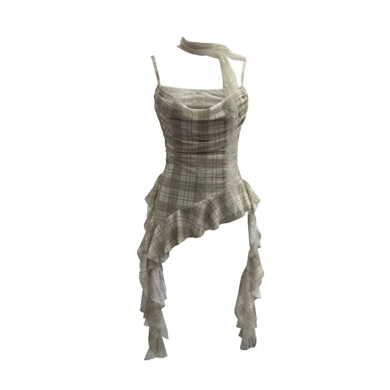 Y2K Plaid Camisole for Women Summer Casual Lace Scarf Breathable Stretch Mesh Patchwork Asymmetrical Ruffle Slim Tops