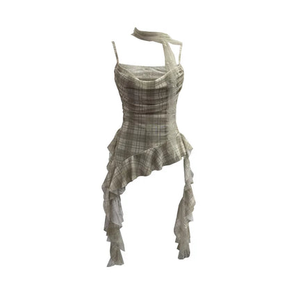 Y2K Plaid Camisole for Women Summer Casual Lace Scarf Breathable Stretch Mesh Patchwork Asymmetrical Ruffle Slim Tops