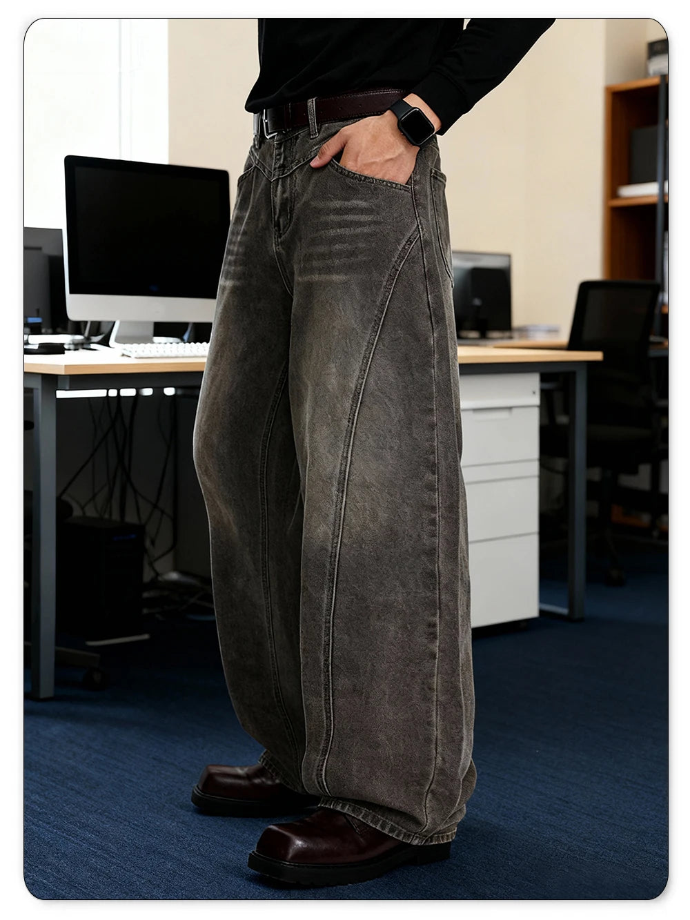 American Retro Grey Men's Baggy Wide Leg Jeans High Street Spliced Deconstruction Design Daily Casual Denim Pants Unisex Clothes