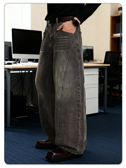 American Retro Grey Men's Baggy Wide Leg Jeans High Street Spliced Deconstruction Design Daily Casual Denim Pants Unisex Clothes
