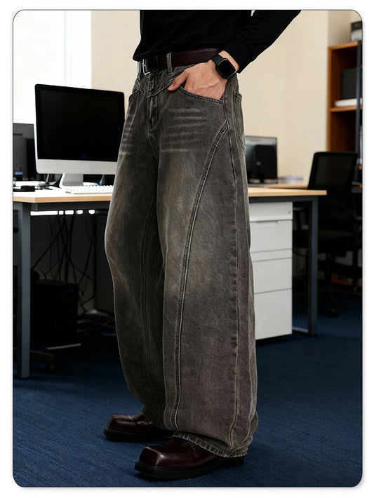American Retro Grey Men's Baggy Wide Leg Jeans High Street Spliced Deconstruction Design Daily Casual Denim Pants Unisex Clothes