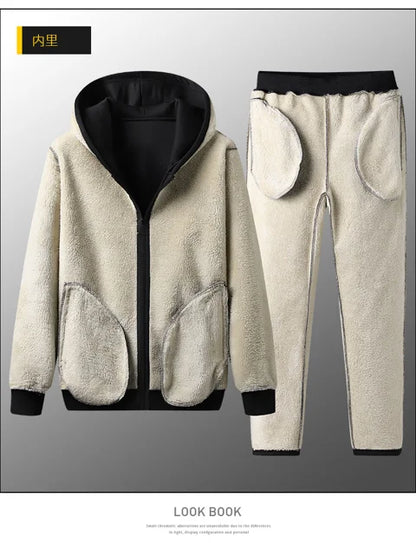 Hooded lambskin medium and elderly large size warm suit with plush thick hoodie jacket+thick pants two-piece set