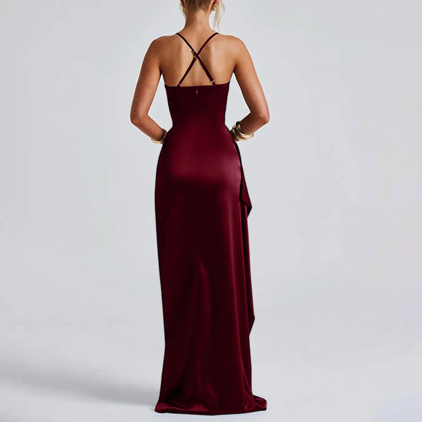 Women's Fashion Elegant Fitted Pleated Slit Satin Gown Solid Color Sleeveless Backless Long Dresses Summer Satin Party Dress