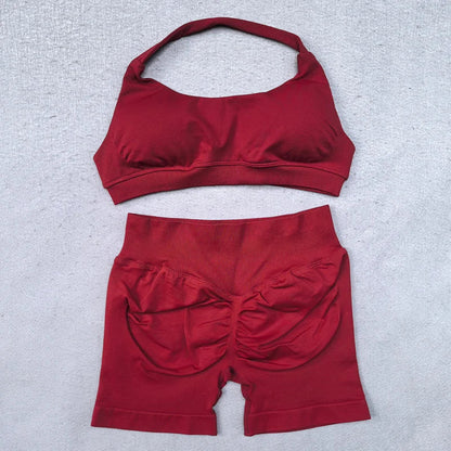 Shorts Set 2 Pieces Seamless Yoga Set Workout Tracksuit Women Halter Sport Bra And Low Waist Scrunch Bum Gym Shorts Suits