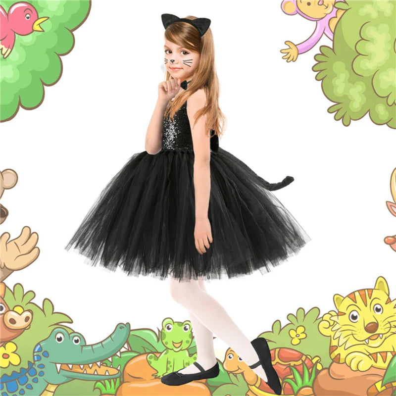 Cute Leopard Tiger Cat Giraffe Tutu Dress For Girls Halloween Animal Cosplay Costume Outfit Kids Christmas Carnival Party Dress