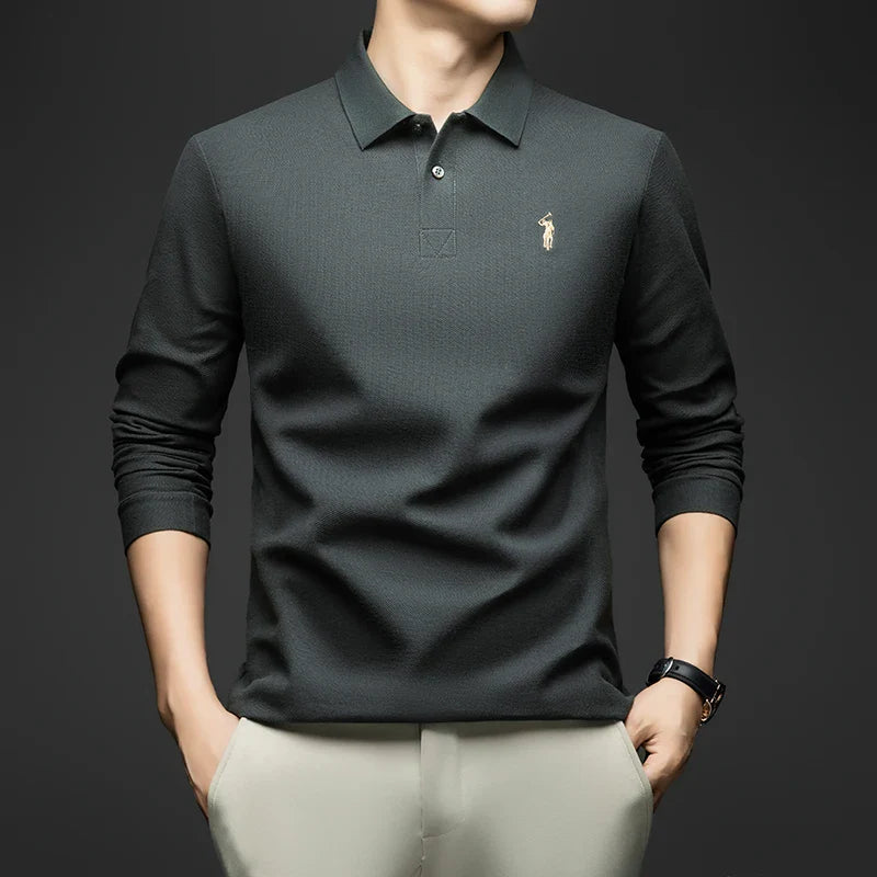 100% Pure Cotton Men's Long Sleeved Polo Shirt, Collar T-shirt, Spring and Autumn Top, No Ironing, Wrinkle Resistant Embroidery