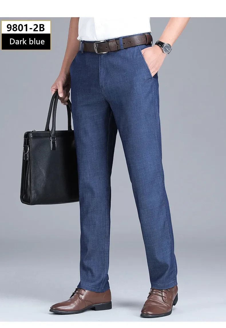 2026 New Men's Summer Jeans Thin Loose Stretch Large Size Ice Silk Straight Pants Elite Business Casual Pants Smoke Gray Blue