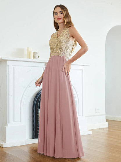 Elegant Long Prom Dresses Patchwork A-Line Evening Dress Chiffon Embroidery Appliques V-Neck Halter Illusion Back Party Gowns