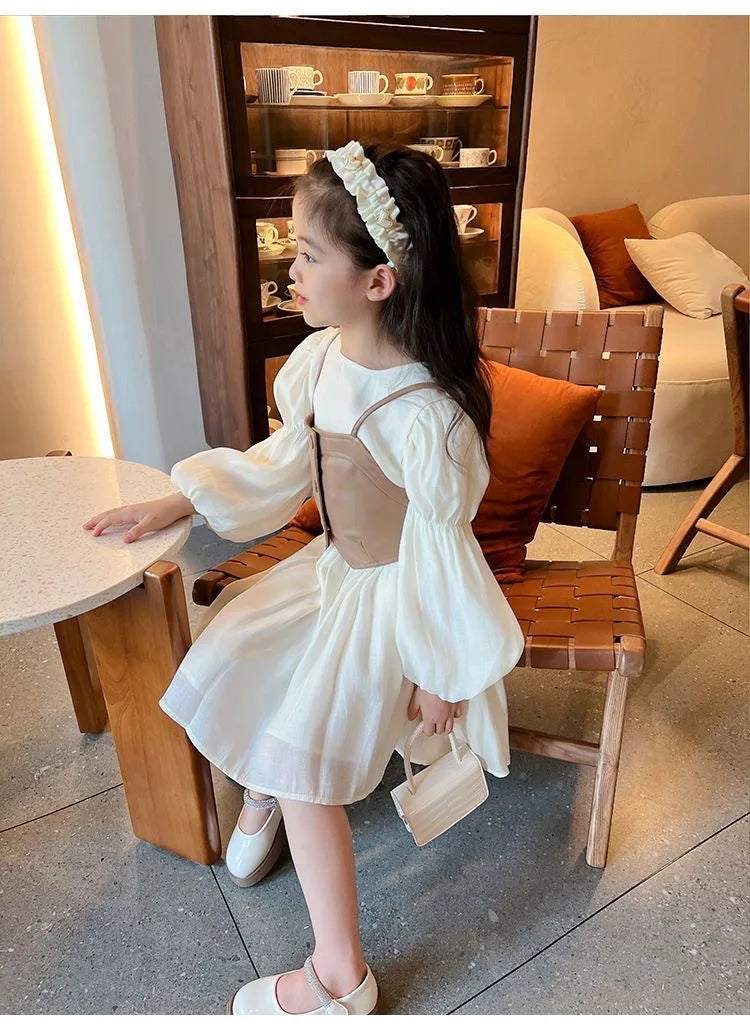 Spring Autumn Girls Dress Set Long Sleeve Children's Retro PU Leather Vest Dress Set Teenage Girls Clothing Suit 4 6 8  12Y