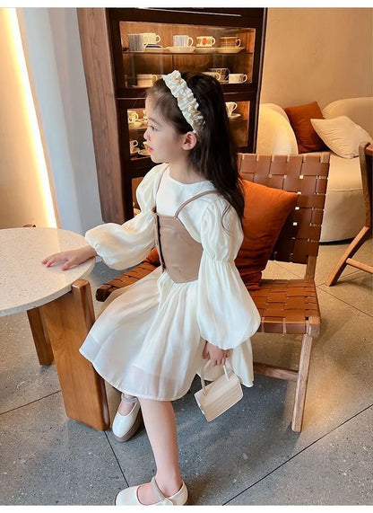 Spring Autumn Girls Dress Set Long Sleeve Children's Retro PU Leather Vest Dress Set Teenage Girls Clothing Suit 4 6 8  12Y