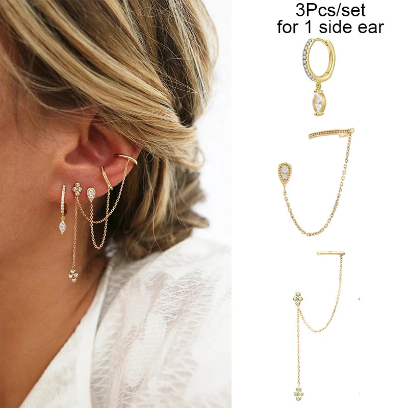 3PCs/set Earrings for 1 Ear Women gold color zirconia Classic Piercing Designer Earring set 2024 Women Jewelry Wholesale