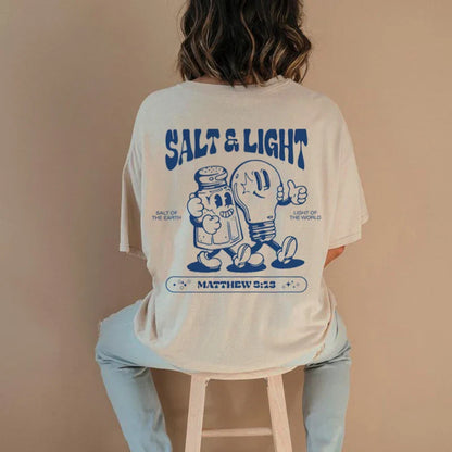 Salt Light Funny Bible Verse T-Shirts Back Print Retro Streetwear Graphic Tees Women Men Christian T Shirt Jesus Faith Top Gifts