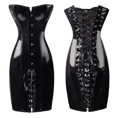 Hot Black/Red Long PVC Leather Corset Dress Sexy Women Gothic Waist Tranier Body Slim Club Vinyl Latex Mini Dress S-2XL