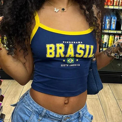 Y2k Five-star Brazil Crop Top Summer Women Aesthetics Baby Tees Gothic Emo Girl Vintage Letter Print Casual Short Sleeve T-shirt
