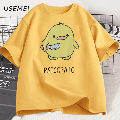 T Shirt Men Women Cute Duck with Knife Tshirt Casual Short Sleeve Cotton Printed Round Neck T-shirt Streetwear Loose