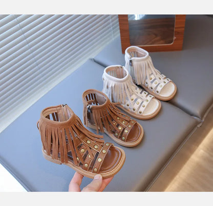 England Style Fashion Tassel Sandals Summer New Side Zipper Rivet High-top Sandals Student Beige Brown Roman Shoes Fringe I05235