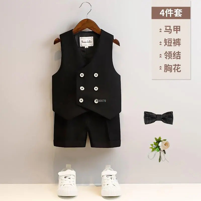 Boys Summer Vest Shorts Performance Suit Children Formal Wedding Dress Kids Photography Suit Baby Birthday Ceremony Costume