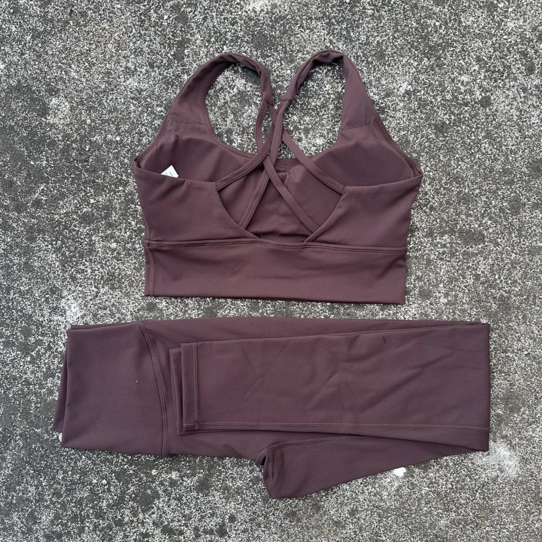 Solid Color Women Gym Yoga Set Shoulder Strap Cross Back Push Up Sport Bra High Waist Yoga Leggings 2pc Sportwear Workout Wear