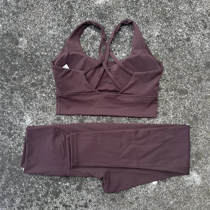 Solid Color Women Gym Yoga Set Shoulder Strap Cross Back Push Up Sport Bra High Waist Yoga Leggings 2pc Sportwear Workout Wear