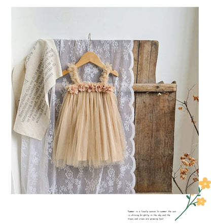 1-6 Y Girls Dresses  3D Flower A Line Dress for Girls Sleeveless Camisole Mesh Dress