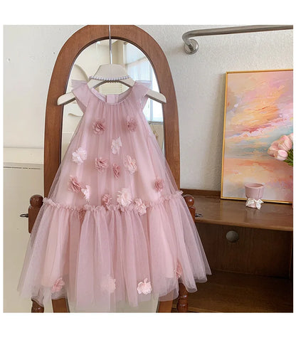 Girls' Sleeveless Floral Mesh Dress - Princess Party Gown for Toddlers 2-8 Years, Breathable Wedding & Special Occasion Dress