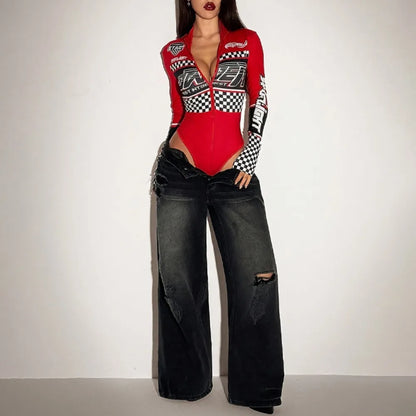 Spring Autumn Y2k Women's Race Car Driver Shapewear Bodysuit Turtleneck Long Sleeve Zip Up Costume Graphic Racer Streetwear Tops
