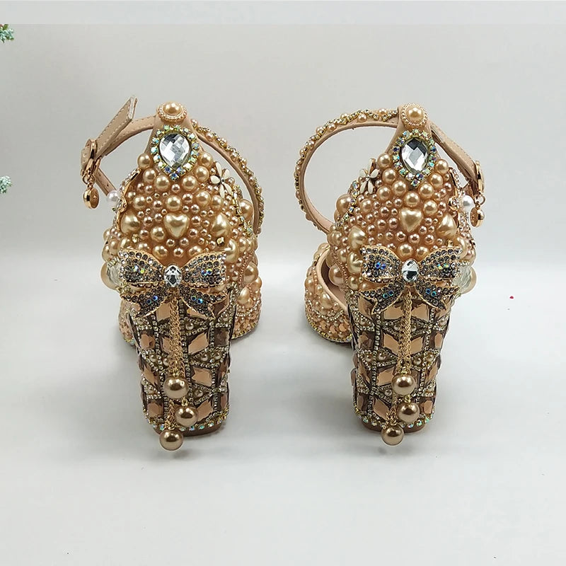 Luxury Champagne Golden Crystal wedding shoes matching bags woman fashion Thick heel Women party dress shoes Pointed Toe shoes