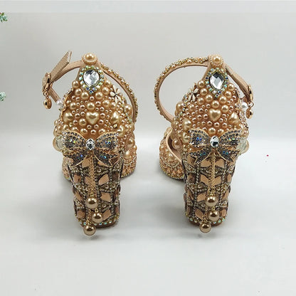 Luxury Champagne Golden Crystal wedding shoes matching bags woman fashion Thick heel Women party dress shoes Pointed Toe shoes