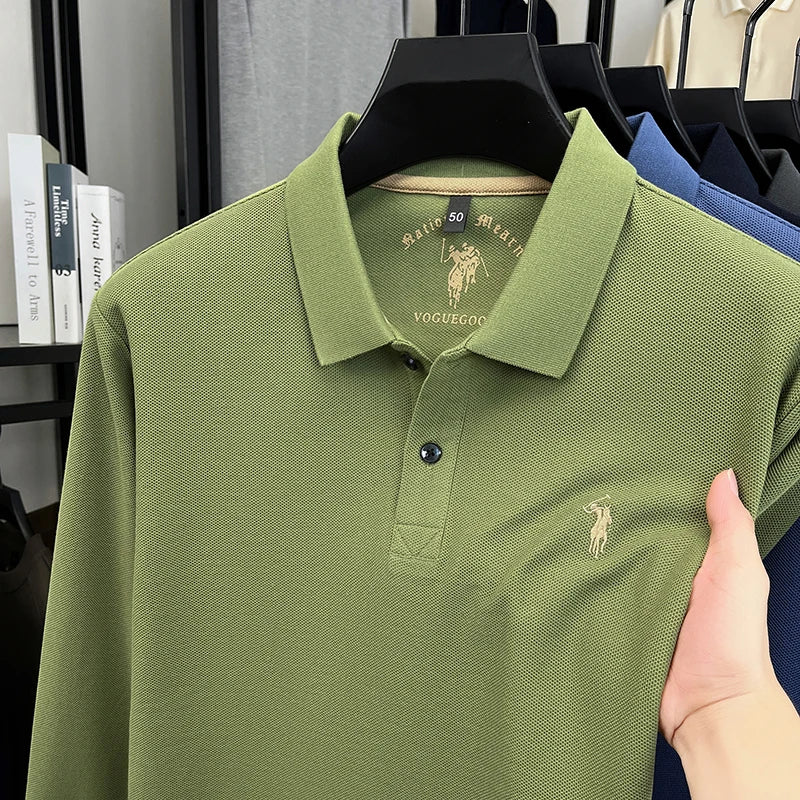2025 New Cotton Long Sleeved T-shirt for Men, High End Embroidered Little Horse Logo Fashion Autumn/Winter Polo Top