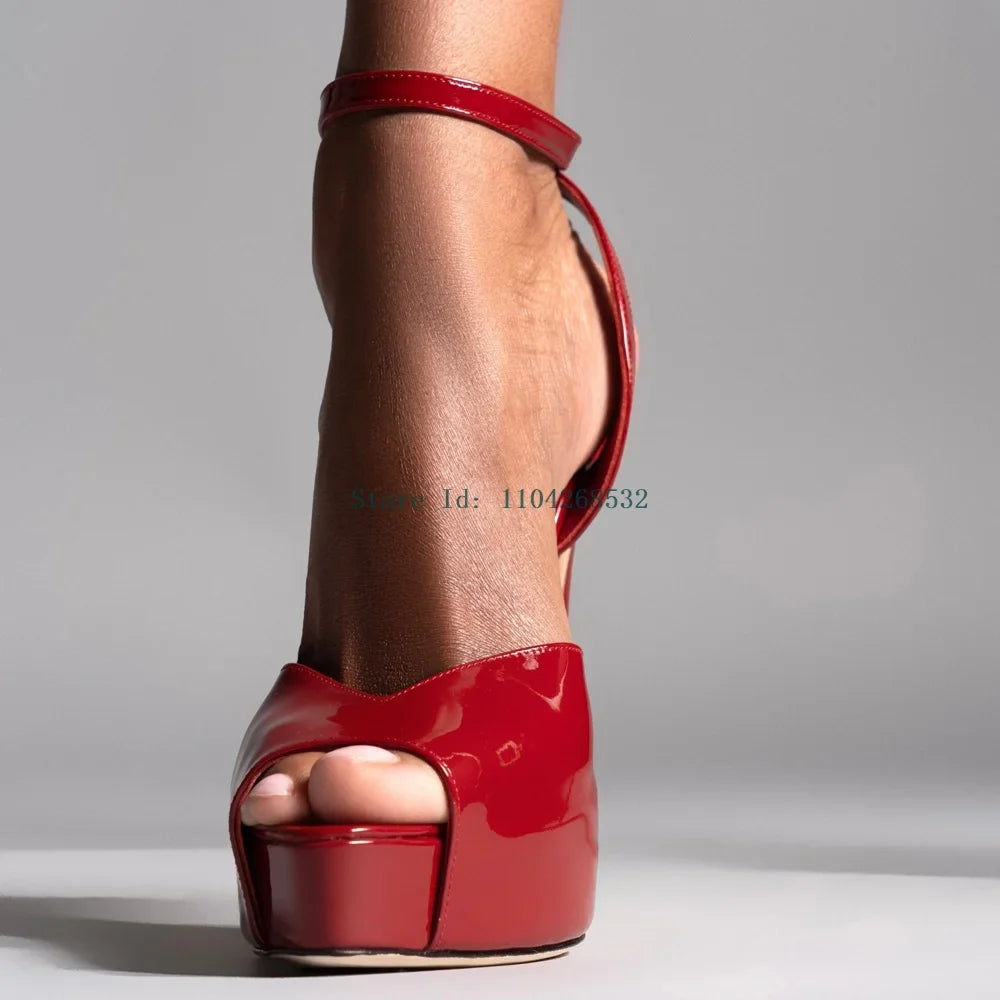 Red Patent Leather Platform High Heels  Stiletto Ankle Buckle Strap Solid New Arrivals Fashion Slingback Buckle Strap Shoes