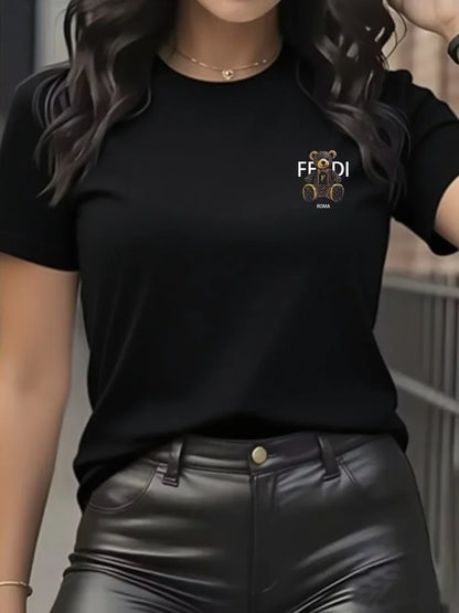 summer Graphic T-Shirt Short Sleeve Crew Neck with Soft Comfortable Spring Women's Light Blue Casual Teddy Bear