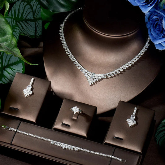 4 Pcs Luxury Elegant Ladies Zirconia Jewellery Set Necklace Earrings Bracelet Dress Accessories Party Wedding Evening Gift M-325
