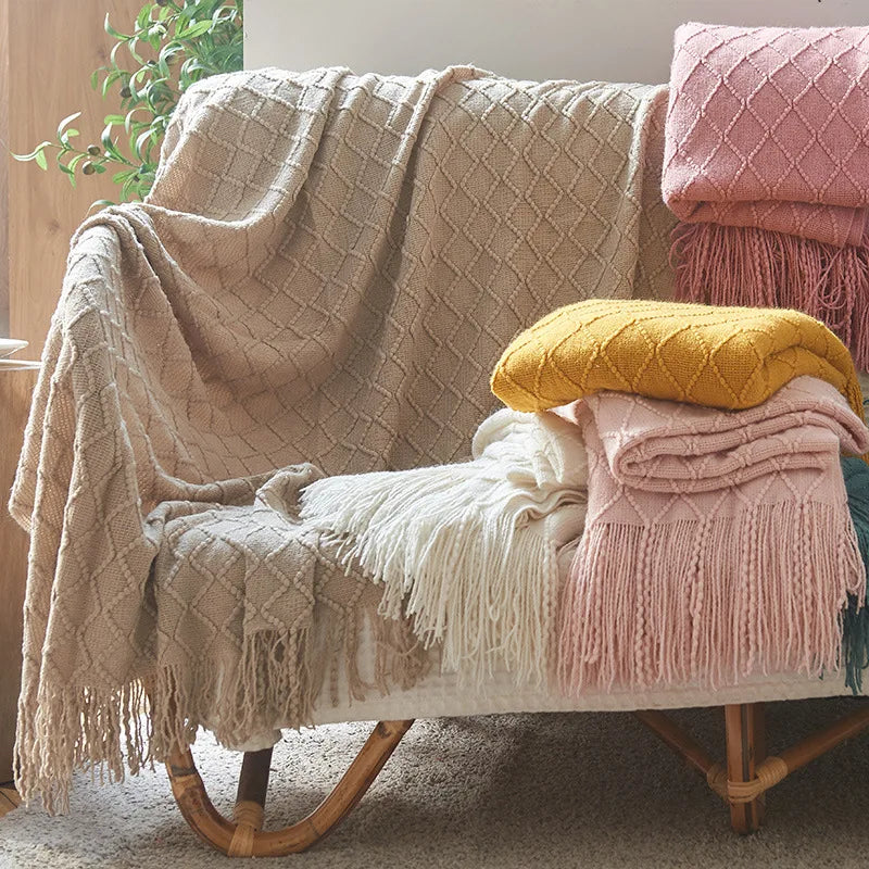 White Boho Throw Blankets Textured Big Knitted Blankets Chunky Vintage Luxury Throw Bedspread Blanket Cover Manta Para Sofá