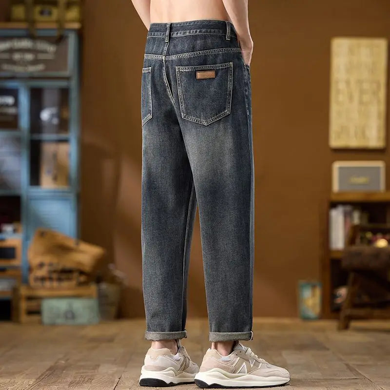 Jeans Denim Straight Pants Men Washed Distressed Mid Waist Pockets 2025 Streetwear Basics Ankle Length Trousers Vintage Denims
