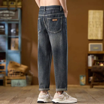 Jeans Denim Straight Pants Men Washed Distressed Mid Waist Pockets 2025 Streetwear Basics Ankle Length Trousers Vintage Denims