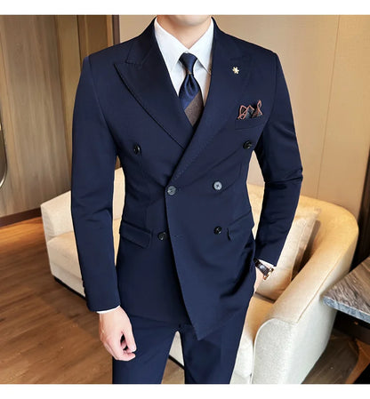 (Jackets+Pants) Luxury Double Breasted Design Slim Fit Suit High Quality Fashion Men's Wedding Social Suit Tuxedo 2 Piece Set