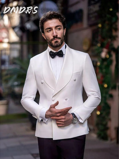 Handsome White Suit For Men Wedding Elegant Double Breasted Suits Formal Groom Suit Set Classic Jacket Vest Pants Wedding Suits
