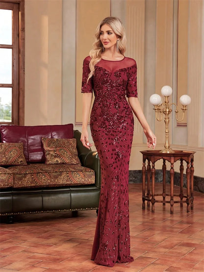 Vestido de Festa Formal Luxuoso com Gola Redonda, Tule e Paetês, Manga Curta, Para Casamento, Baile de Formatura, Coquetel, Sereia, Madrinha