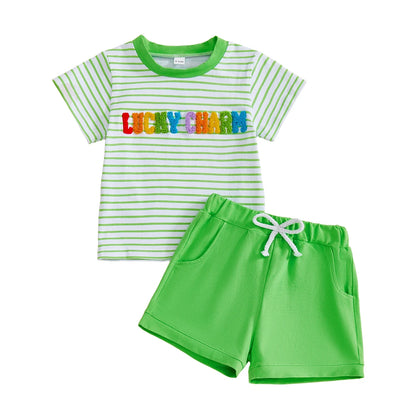 Summer St. Patrick's Day Kids Baby Boys Clothes Set Short Sleeve Letter Embroidery T-Shirt Shorts Outfits Clothes