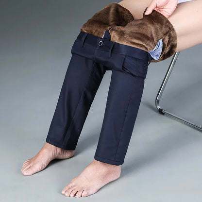 Winter New Flannel Thick Men's Casual Pants Fleece Navy Black Business Straight Slim Stretch Warm Plush Trousers Male